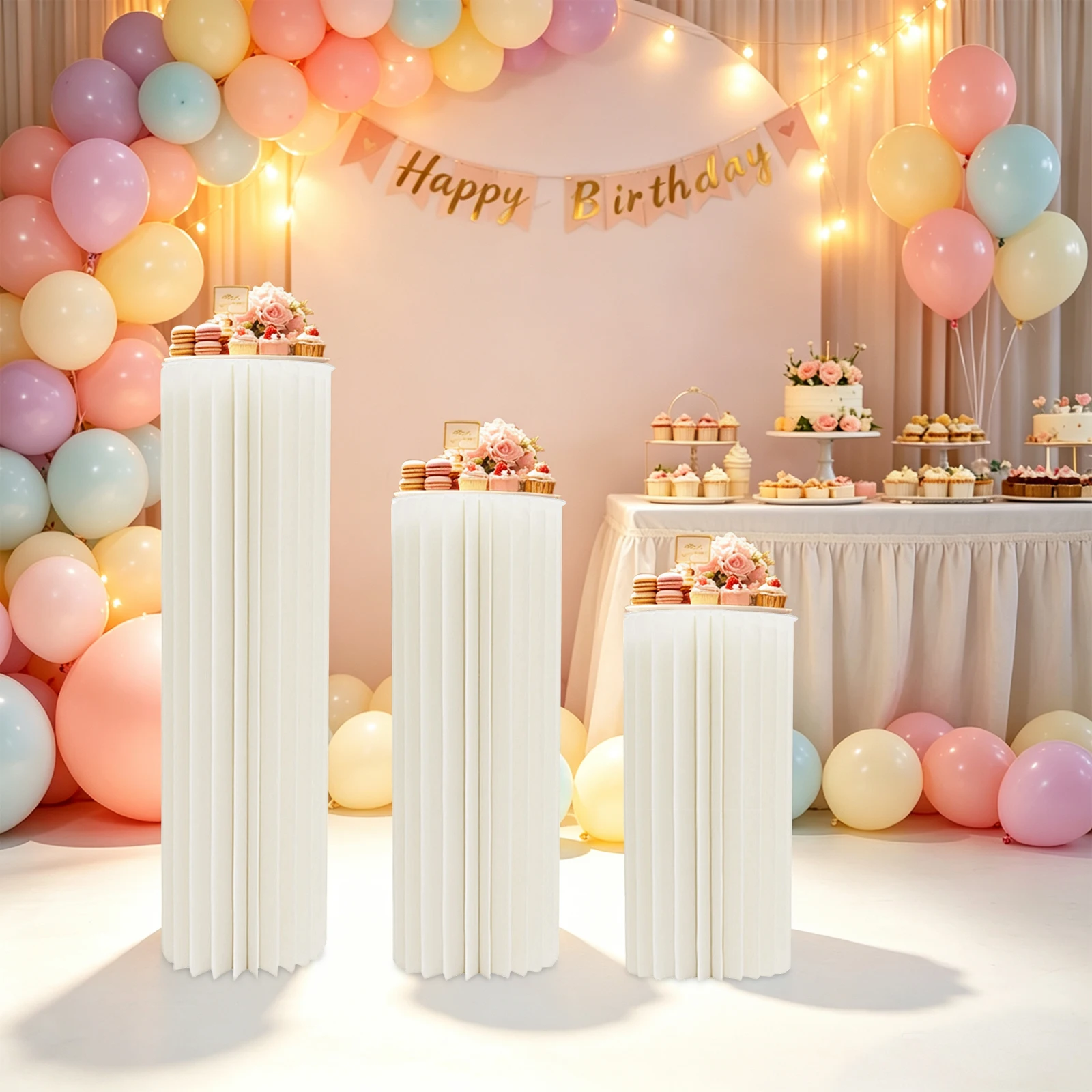 3PCS Folding Paper Roman Column Ornaments Wedding Party Cardboard Stand Cylinder w/PVC Board Flower Cake Display Rack 60+80+100cm, Load-Bearing Capacity 25-30kg/55.12-66.14lbs