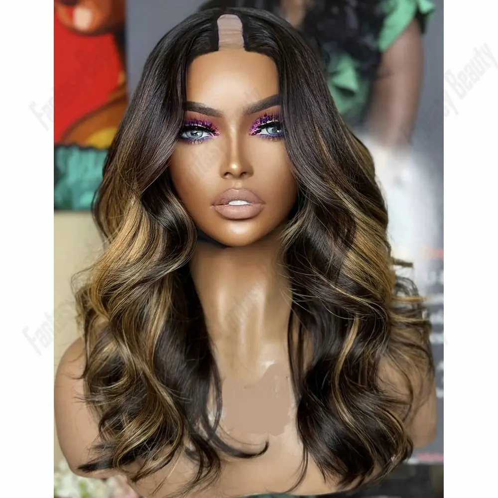 

Ash Honey Blonde Hightlight 1x4 Size V Part Wig Human Hair for Women European Hair Body Wave Glueless U Part Wig with Clips Remy