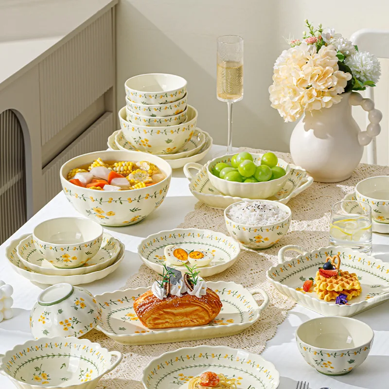 LingAo-Japanese Country Style Ceramic Tableware Set of Plates and Bowls with Underglaze Colors