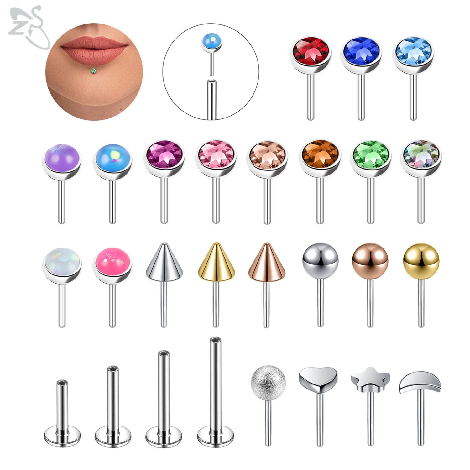 

AOEDEJ 1 PC 16G Stainless Steel Labret Lip Piercing 3MM Pink CZ Crystal Opal Pin Top Lip Pins Base Piercing Jewelry Accessories