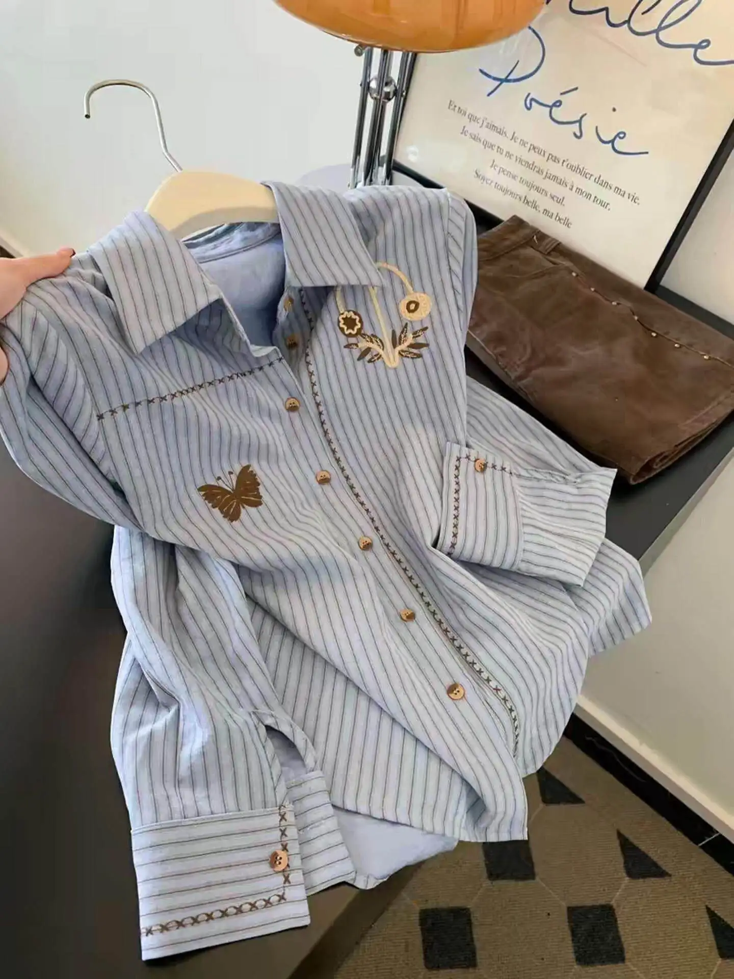 Blue Stripe Embroidered Long Sleeve Shirt 2026 Spring Autumn New Style Stacked Top Women Versatile Commuter Slim Shirts