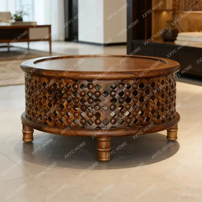 Style Solid wood round coffee table Old elm casual medieval coffee table