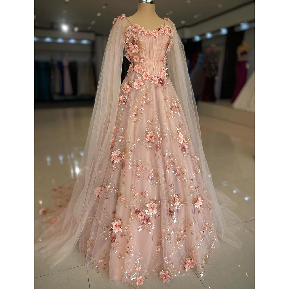 Abito da cerimonia nuziale da principessa in pizzo floreale 3D con spalline radiantes su misura Abito da sera lungo fino al pavimento senza schienale con strascico