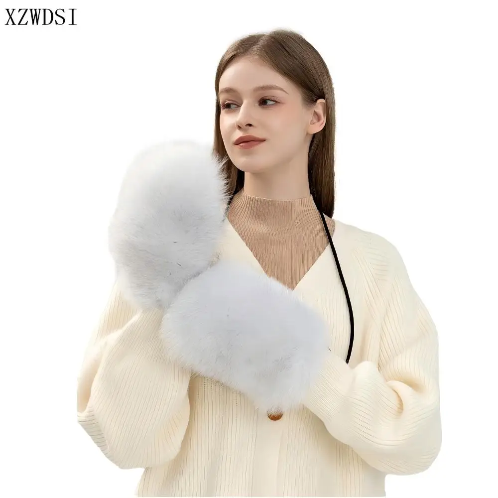 

Новые женские роскошные варежки из натурального меха, женские зимние теплые толстые вязаные перчатки из натурального лисьего меха, меховое тепло