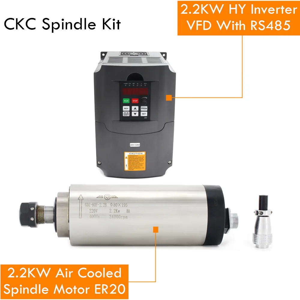 

【CN/EU】2.2KW Air Cooled CNC Kit spindle motor ER20 400HZ 24000RPM Runout off 0.01mm+ HY inverter RS485 + Bracket +ER20 Collet