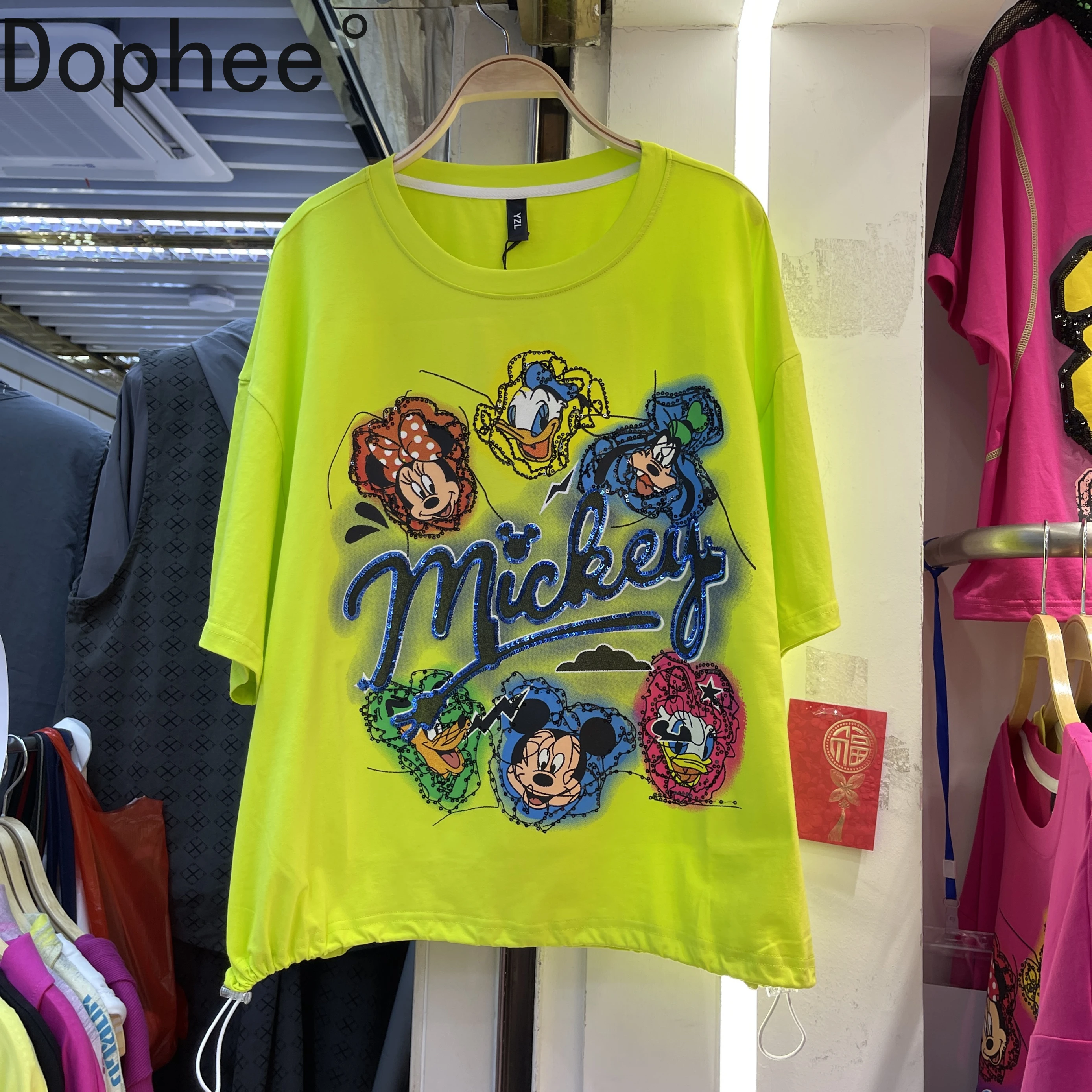 

Fluorescent Green Women T-shirt 2025 New Summer Sequins Cartoon All-match O-neck Pullover Top Drawstring Casual Students Tees