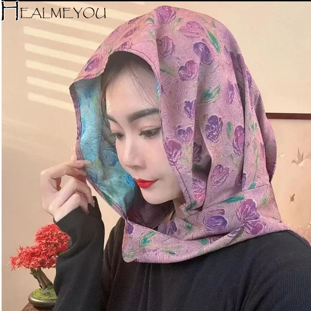 

Headkerchief Elegant Printed Turban Hat Cotton Linen Sunscreen Women's Headscarf Painting Polyester Loom Silk Scarf Hat Spring