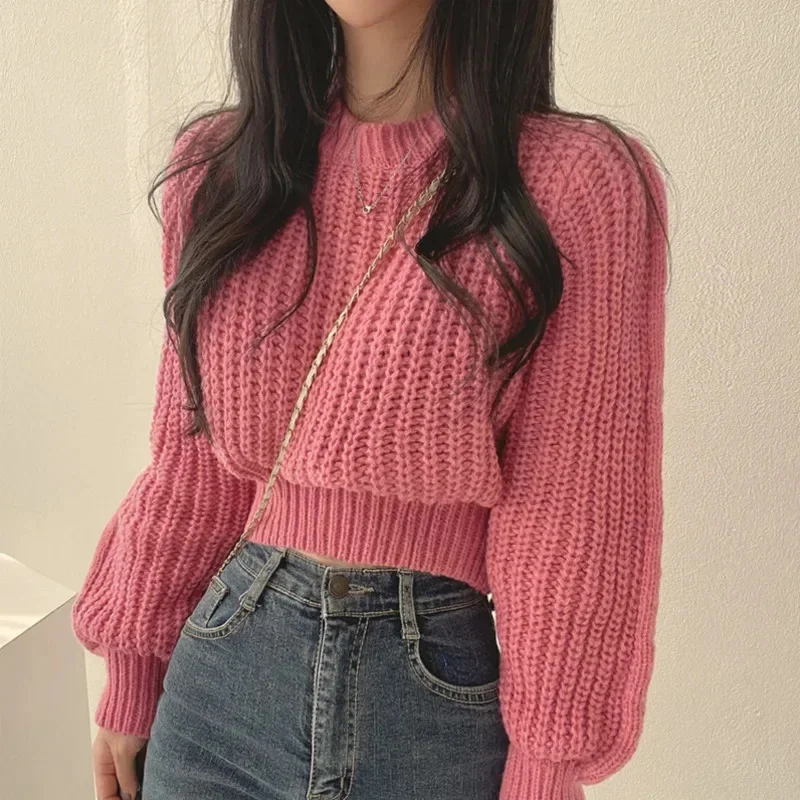 

Women's Knitted Casual Sweater Loose O-Neck, Long Sleeve Spliced Striped Solid Pullovers Thick Warm Sweater Korean Style Fashion