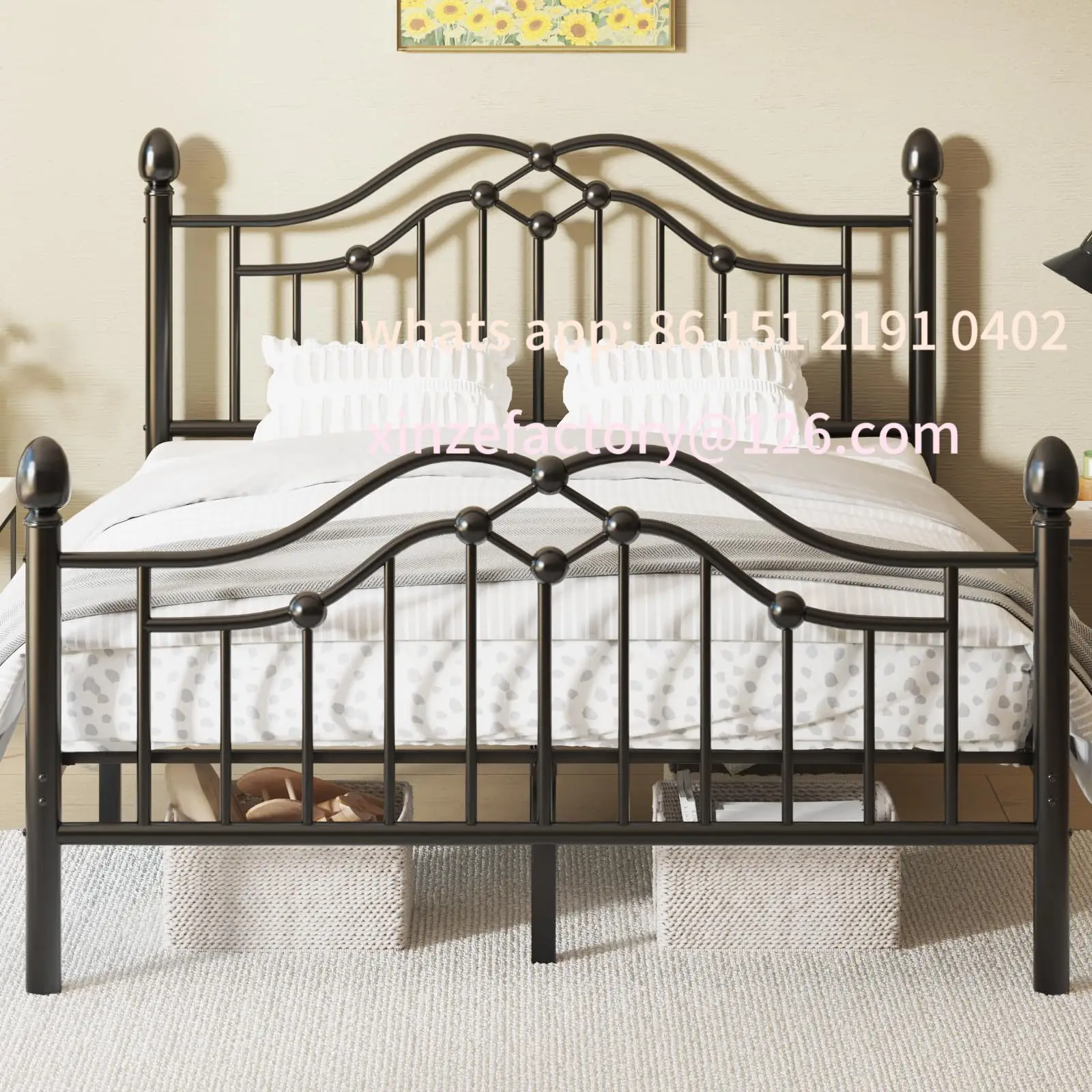

Customizable Black Classical Full Metal Bed Frame with Head and End Platform Bed Free Spring Box Large Storage Space Easy