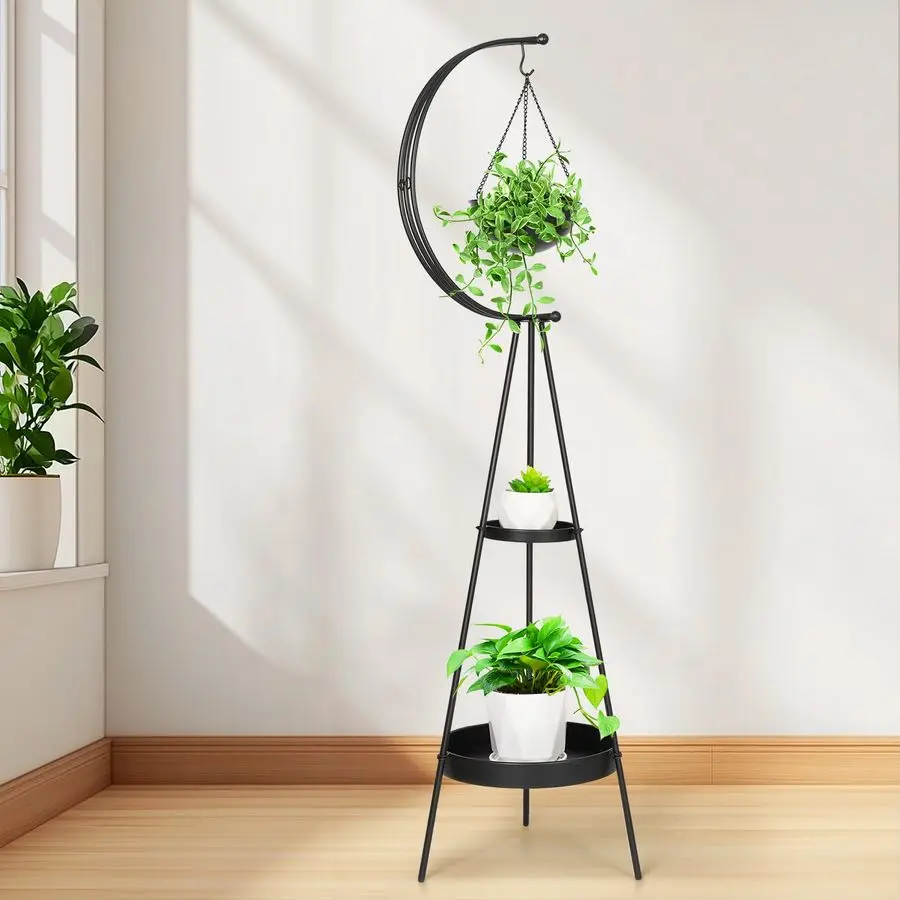 

Plant Stand, Metal Plant Holder Indoor Outdoor, Modern Iron Flower Pots Rack, Multifunctional Planter Display Shelf with Hanging