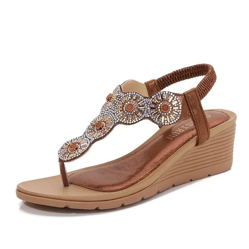 Sandals Insoles for Women Sandals Women 4d Women Wedges Sandals Elastic Ankle Strap Casual Bohemian Beach Shoes Rhinestone Decor