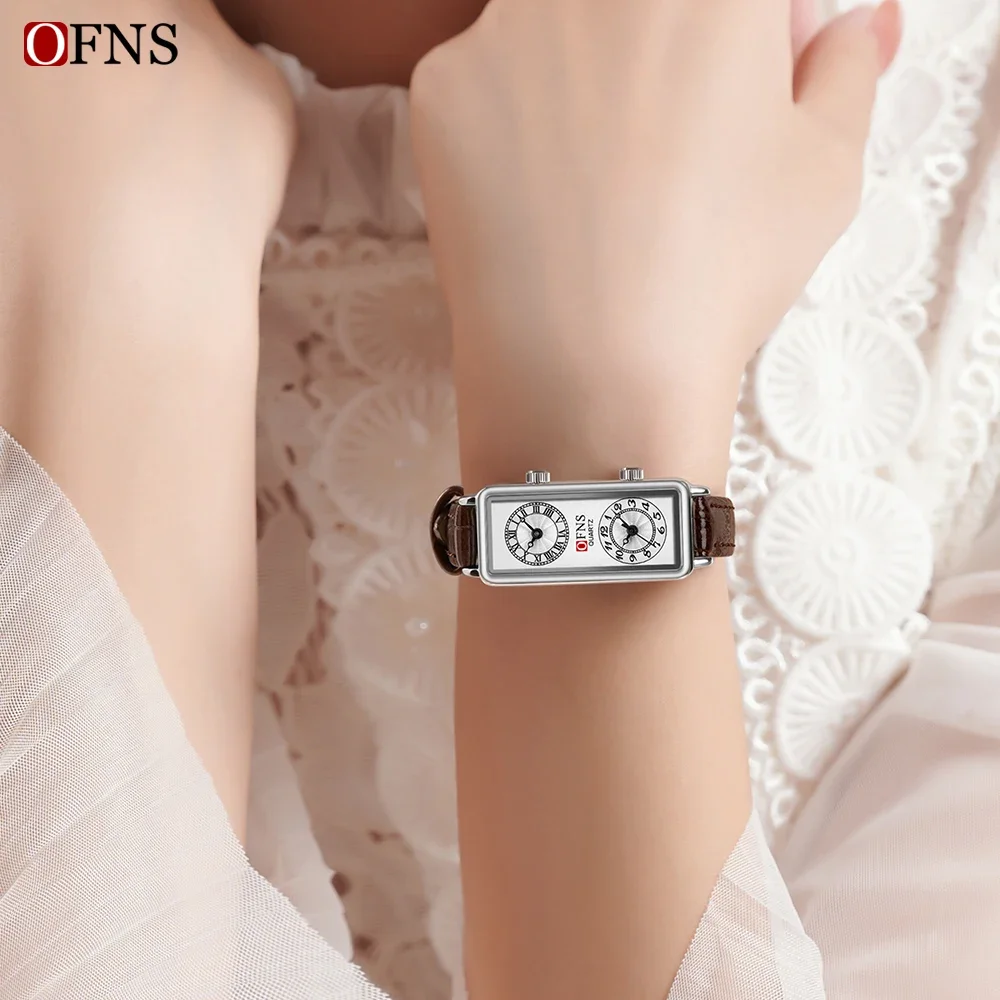 Ofns 1506 High-End Merk Dames Quartz Horloge, Niche Fashion Hot Selling Double Time Digital Roman Quartz Dameshorloge