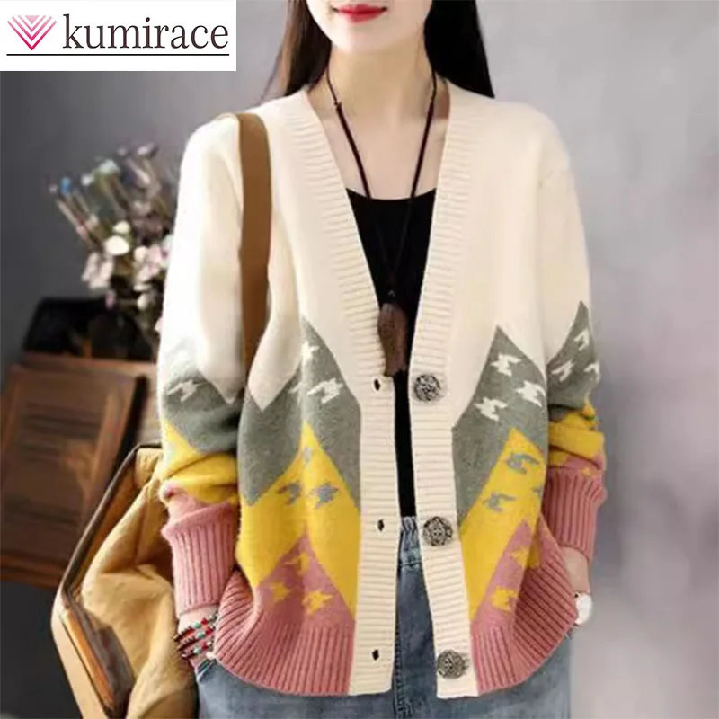 

2025 early autumn new lazy style jacquard knitted cardigan for women retro style loose short style western-style sweater jacket