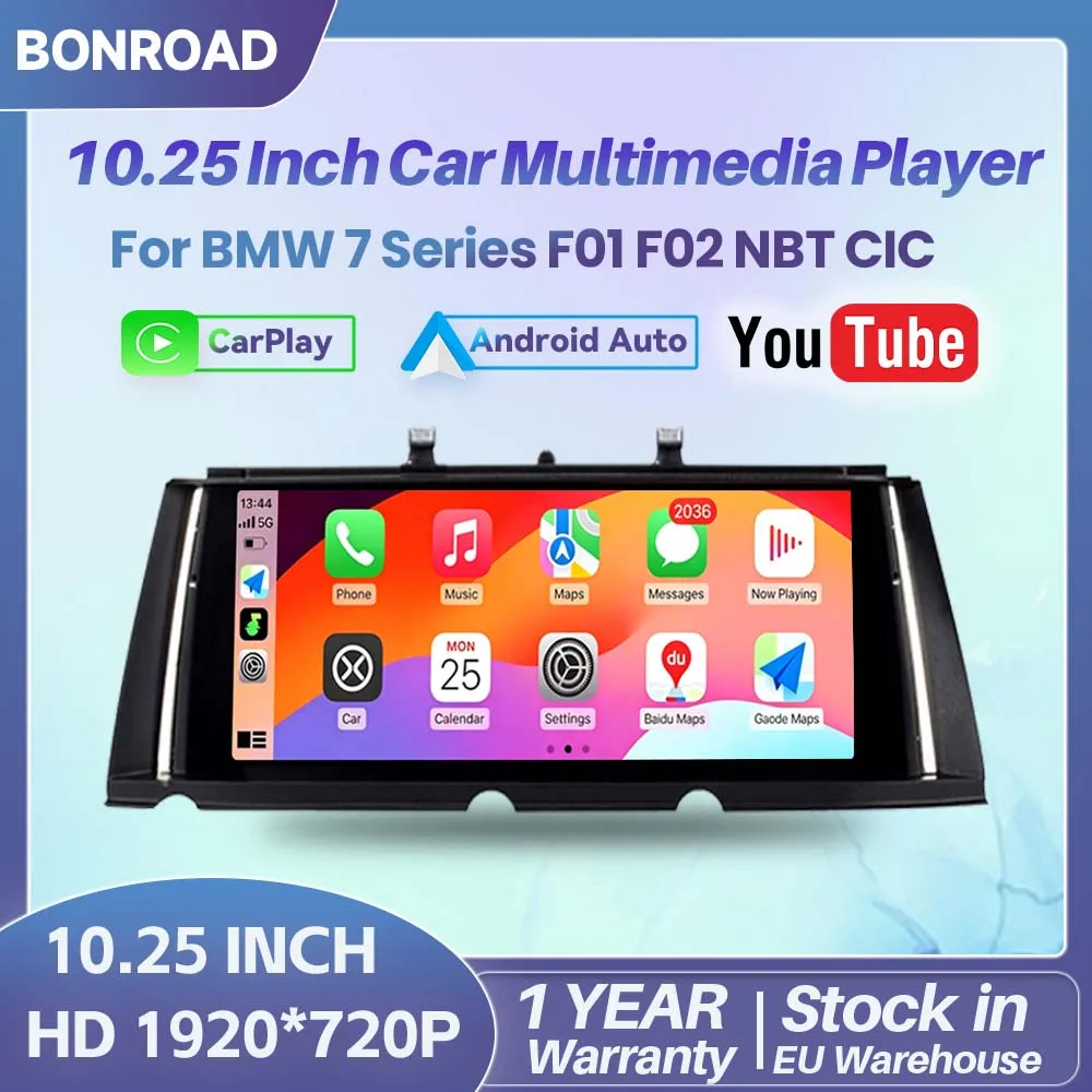 BONROAD Radio de coche con pantalla táctil multimedia de 10.25 pulgadas, inalámbrico, con CarPlay, Android Auto, sistema Linux, para BMW Serie 7 F01 F02 F03 F04 CIC NBT, con Airplay, Autolink, Mirroring, navegación GPS, pantalla estéreo para coche. 1