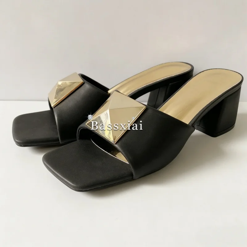 Concise Style Slingbacks Outwear Mules Summer Med Heel Big Rivet Decor Slim Sandals Women view 5