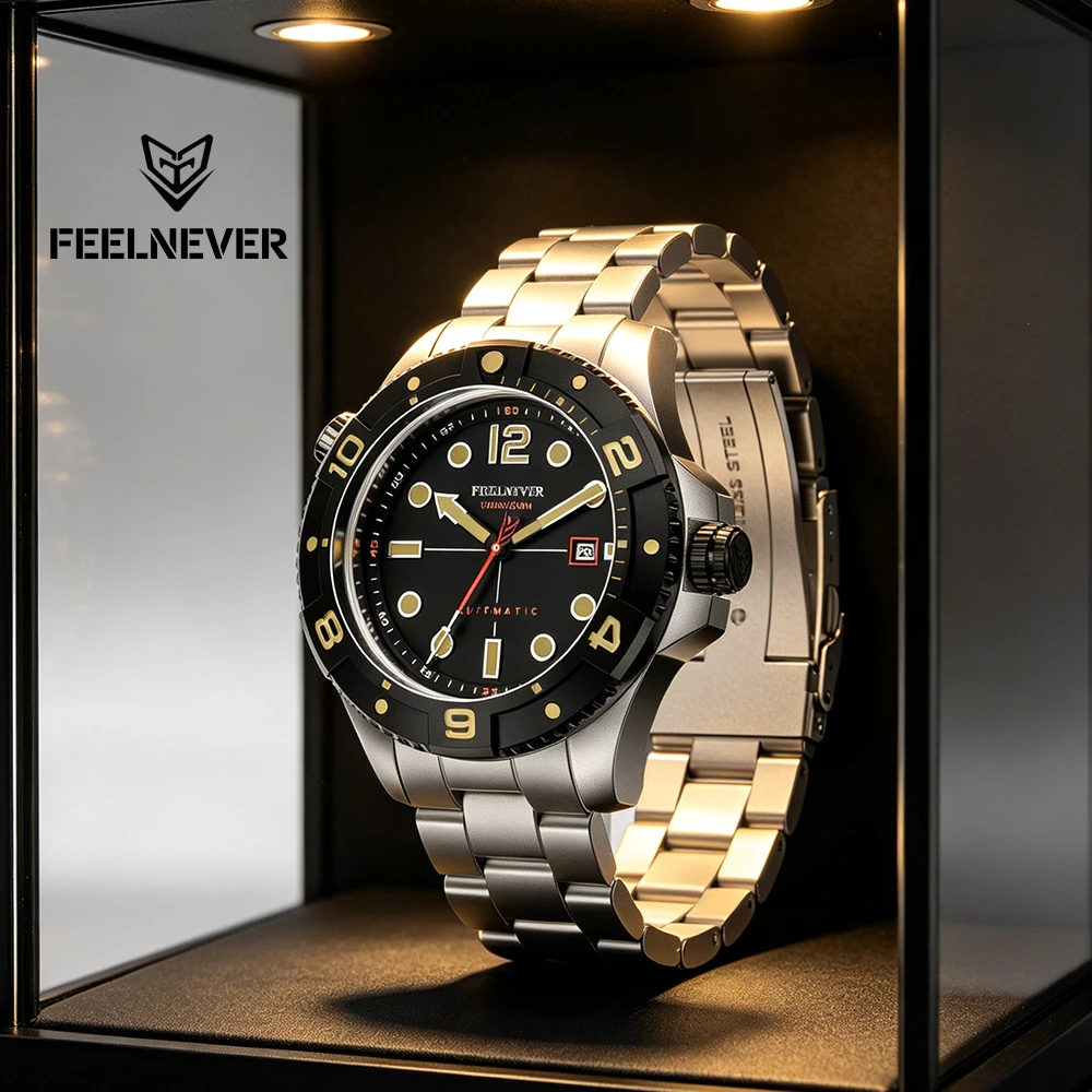 FeelNever Profession Casual Sports Mechanical Man Watch Stainless Steel Sapphire Crystal 50Bar Auto Date Wristwatch Reloj Hombre