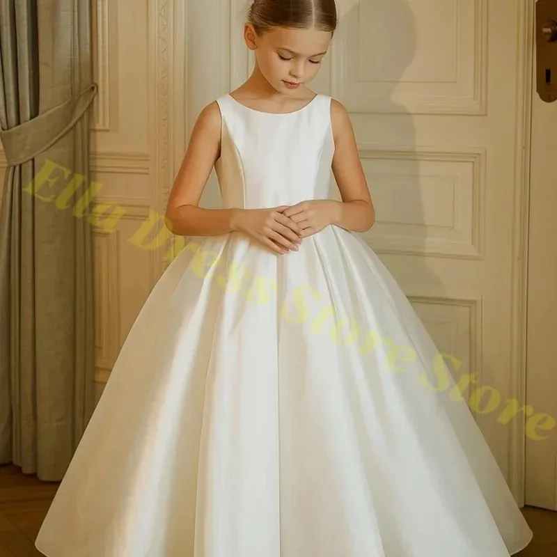 Lange Elfenbeinfarbene Satin-Blumenmädchenkleider für Hochzeit, Schleifenparty, Geburtstag, Prinzessinnenkleid, Junior-Brautjungfernkleid, Heilige Kommunion, Großhandel – Detail 3