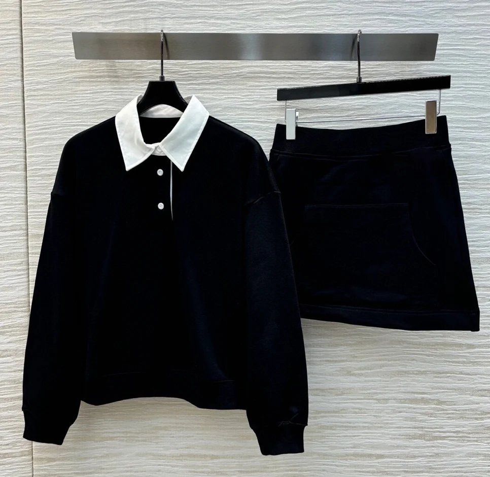 Causal  sport polo hoodie skirt set sweet style black girl sets