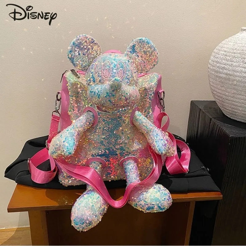 Mickey 2025 New Women's Backpack Fashion High Quality Glitter Doll Backpack Cartoon Versatile Large Capacity Women's Backpack