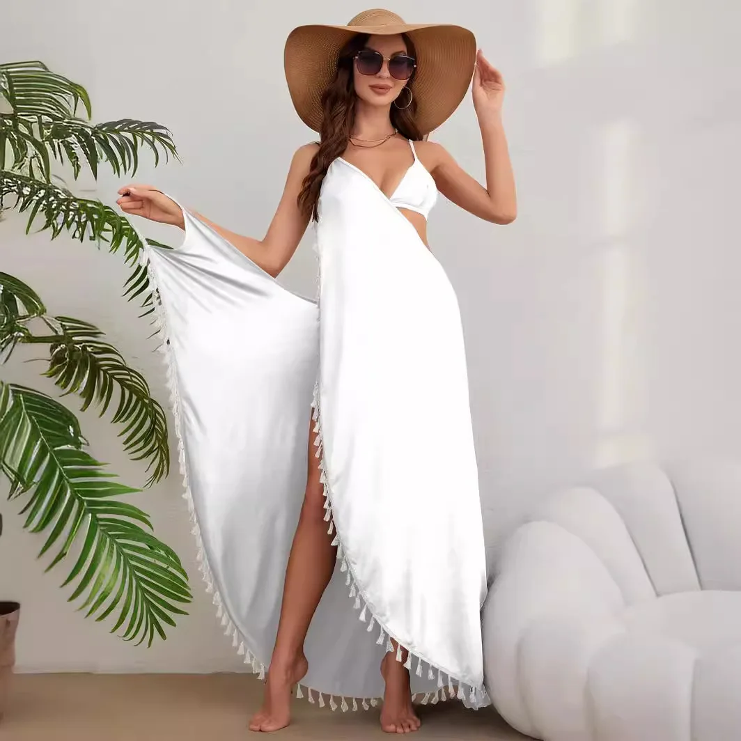 Vacation Tassels Women Solid Cover Up Maxi Strap Dresses For Women Sexy Casual Beachwear Sling Backless Swimwear Dresses Robes