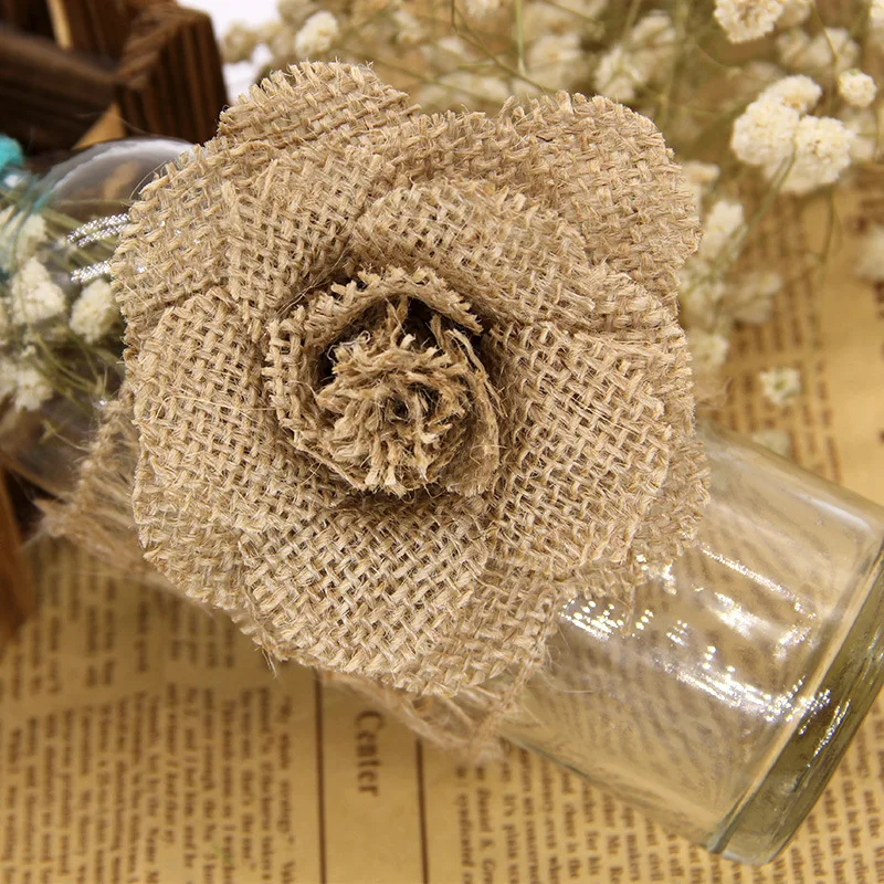2/3/5 Uds. De yute hecho a mano de 9cm, arpillera de arpillera, flores rosas, decoración rústica Vintage para boda, adornos navideños de yute para