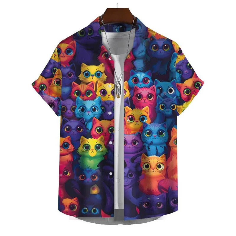 3D Printed Cute Cat Hawaiian Shirt For Men Colorful Splicing Pattern Blouse Summer Oversized Lapel Short Sleeves Aloha Shirts