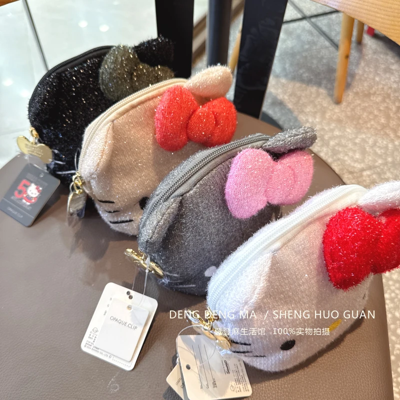 Sanrio Hello Kitty Peluche Bowknot Flash Fili d'argento Portamonete Rossetto Storage Pochette Borsa interna portatile da viaggio Regalo per ragazza