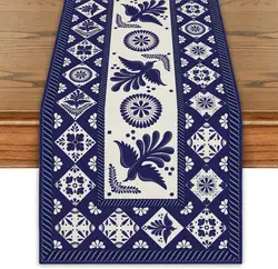 Mexican Blue Patchwork Tiles Linen Table Runner Mexican Fiesta Talavera Floral Bird Decor Mexican Dia De Los Muertos Party Decor