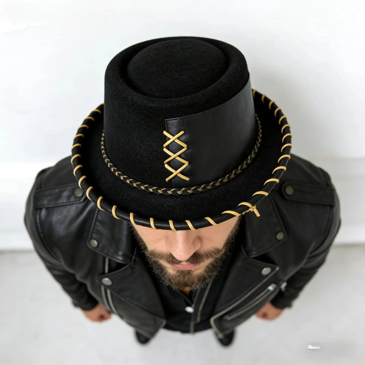 Men Black Pork Pie Hat Handmade Leather Fedora Hat Trilby Fascinator Hat Pop Church Hat Can Adjusted Size