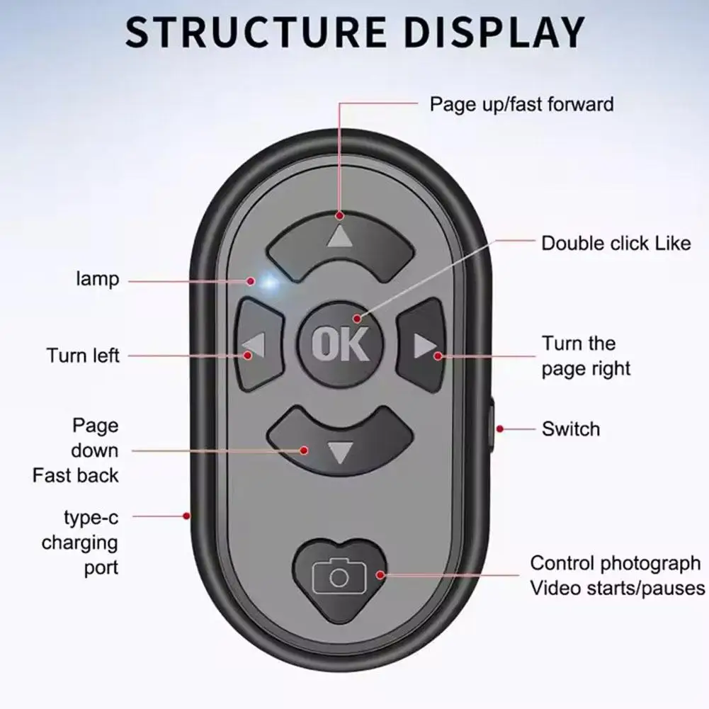 جهاز تحكم عن بعد بلوتوث 6 أزرار مصراع الكاميرا جهاز التحكم عن بعد التمرير لـ Tiktok Rednote Page Turner لتطبيق Kindle E-Book