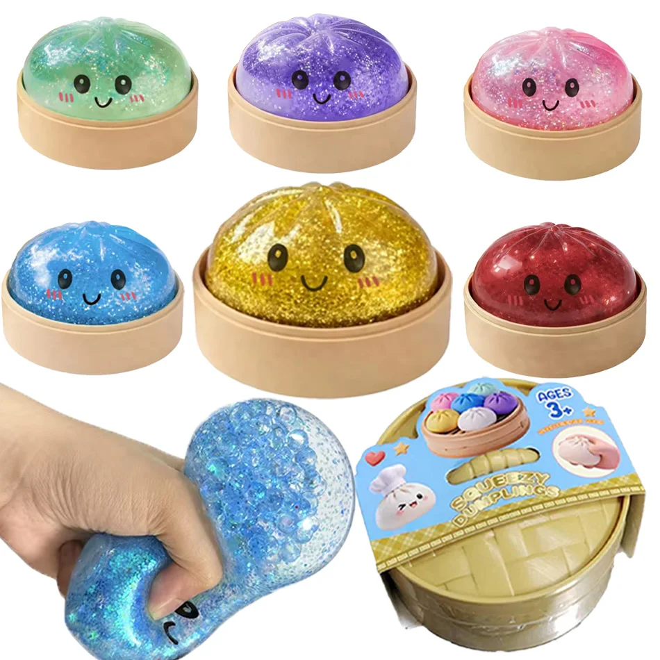 Nouveau lot de 1 à 12 pièces de jouets sensoriels anti-stress en forme de dumpling scintillant avec boîte