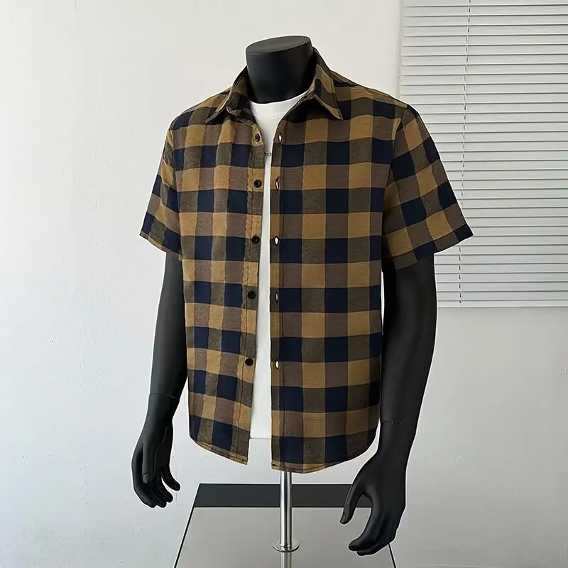 Retro Men's Checkered Shirt 2025 Spring New Short Shirt Summer Hawaiana Men Shirts High Quality Button Top Men's Clothing