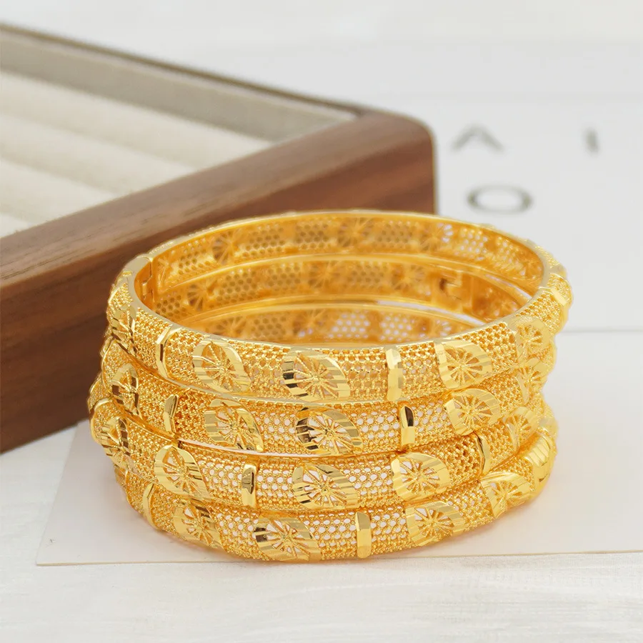 9999 Gold Middle Eastern Lady Hollowed-Out Floral Design Open-ended Bracelet