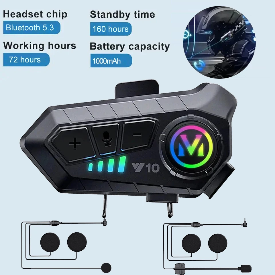 

Y10 Bluetooth 5.3 Гарнитура для мотоциклетного шлема, беспроводной комплект для звонков с функцией громкой связи, водонепроницаемый MP3-плеер, динамик, мото-наушники