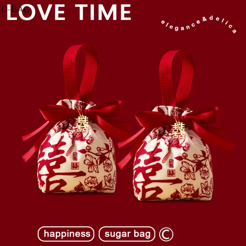 

1PC Storage Bag Chinese Style Wedding Candy Bag Red Flowers Wrist Hand Bag Velvet Bowknot Drawstring Bag Engagement