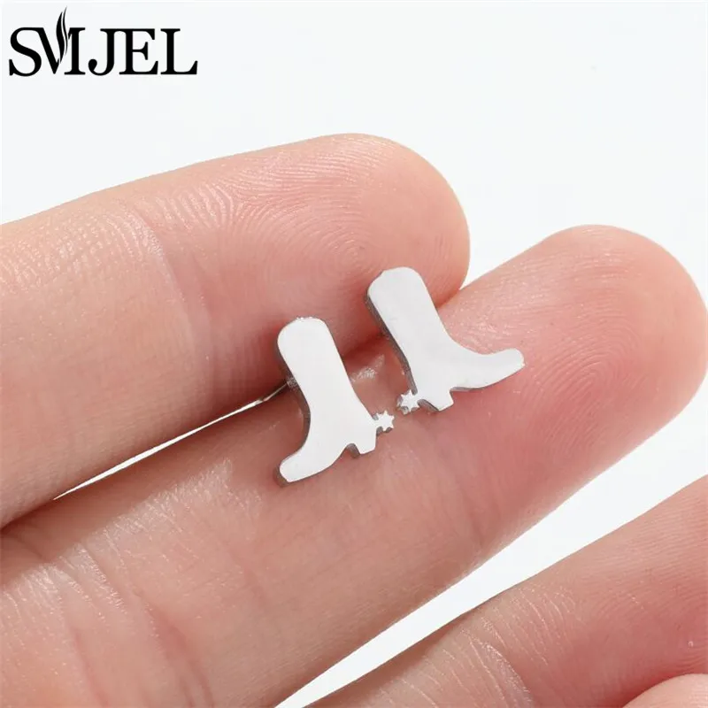 Stainless Steel Cowboy Boot Stud Earrings Minimalist Western Cowgirl Style Small Ear Studs for Women Punk Jewelry Gift