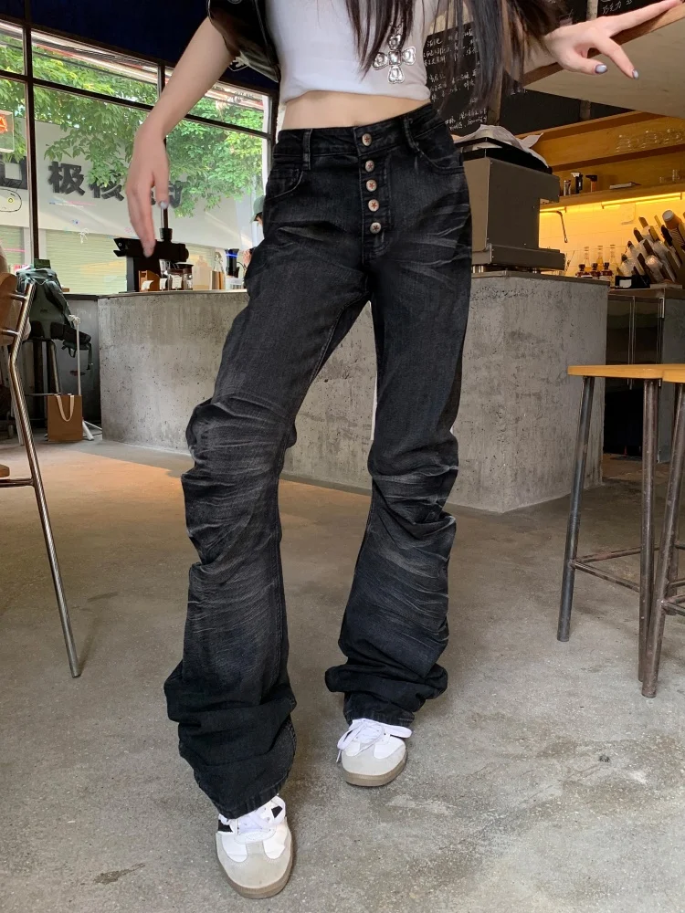 

2025 Trashy Y2K 2000S Washed Black Button Fly Slim Pleated Jeans Pants For Women 90S Vintage Clothes Lady Trousers Ropa De Mujer