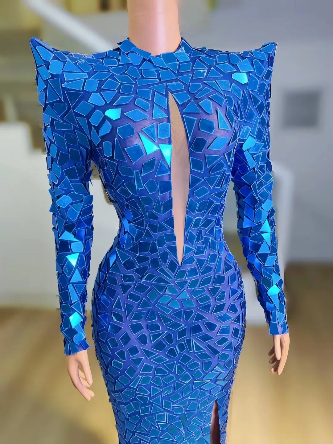 Vestido de fiesta de noche con Espejos azules, traje Sexy, vestido de tren largo, traje de fiesta de cumpleaños