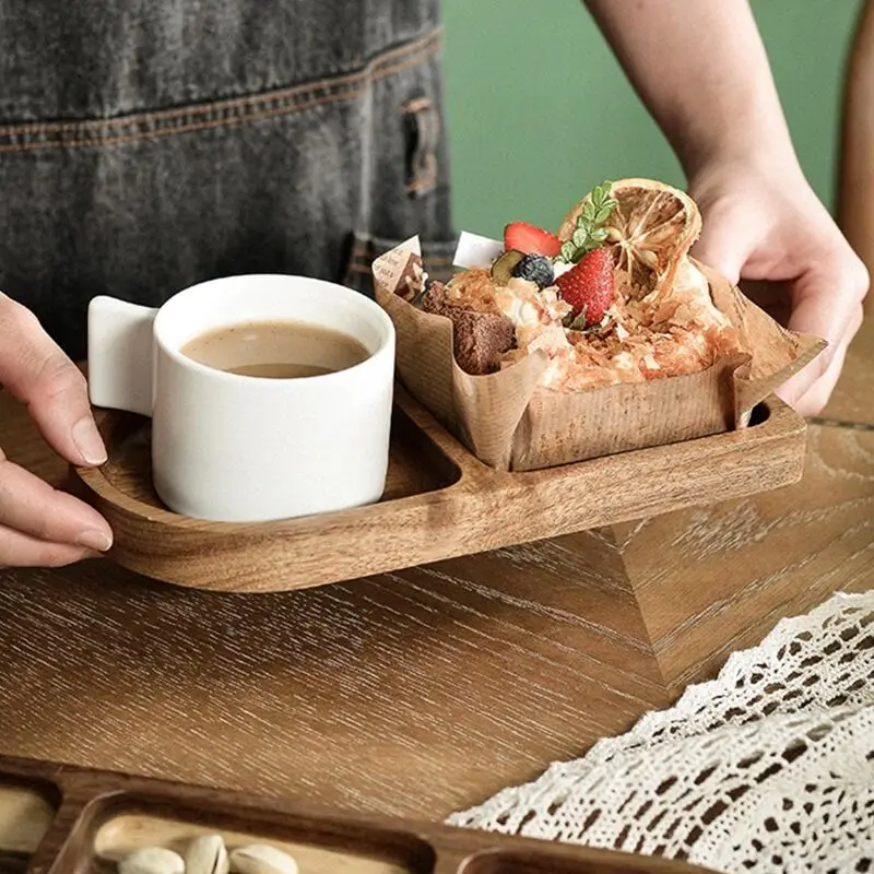 Wooden Compartment Serving Platter Oval Food Plate Wooden Tray Tea Cup Saucer Trays Fruit Plate Storage Kitchen Table Decor