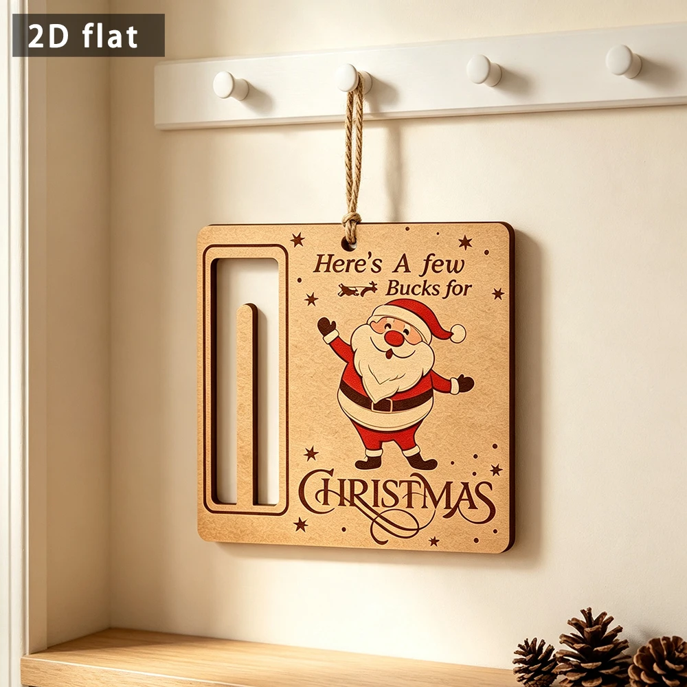 Wooden Santa Claus Money Holder 2D Flat Christmas Cash Gift Tag Xmas Wall Door Hanging Ornament for Holiday Decor