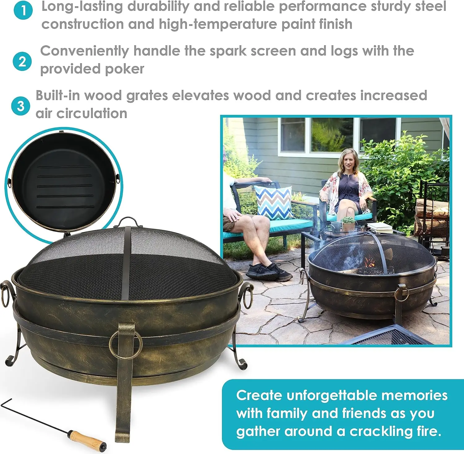 34-Inch Cauldron Style Outdoor Fire Pit Bowl with Spark Screen, Log Poker, and Wood Grate - Dark Bronze Finish