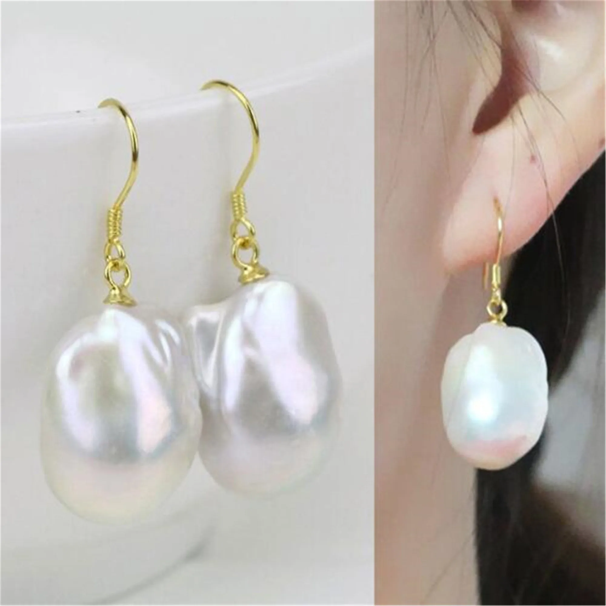 

Handmade White Baroque Pearl Earrings 18k Ear Stud Gold Ear Gemstone Party Earbob Eardrop