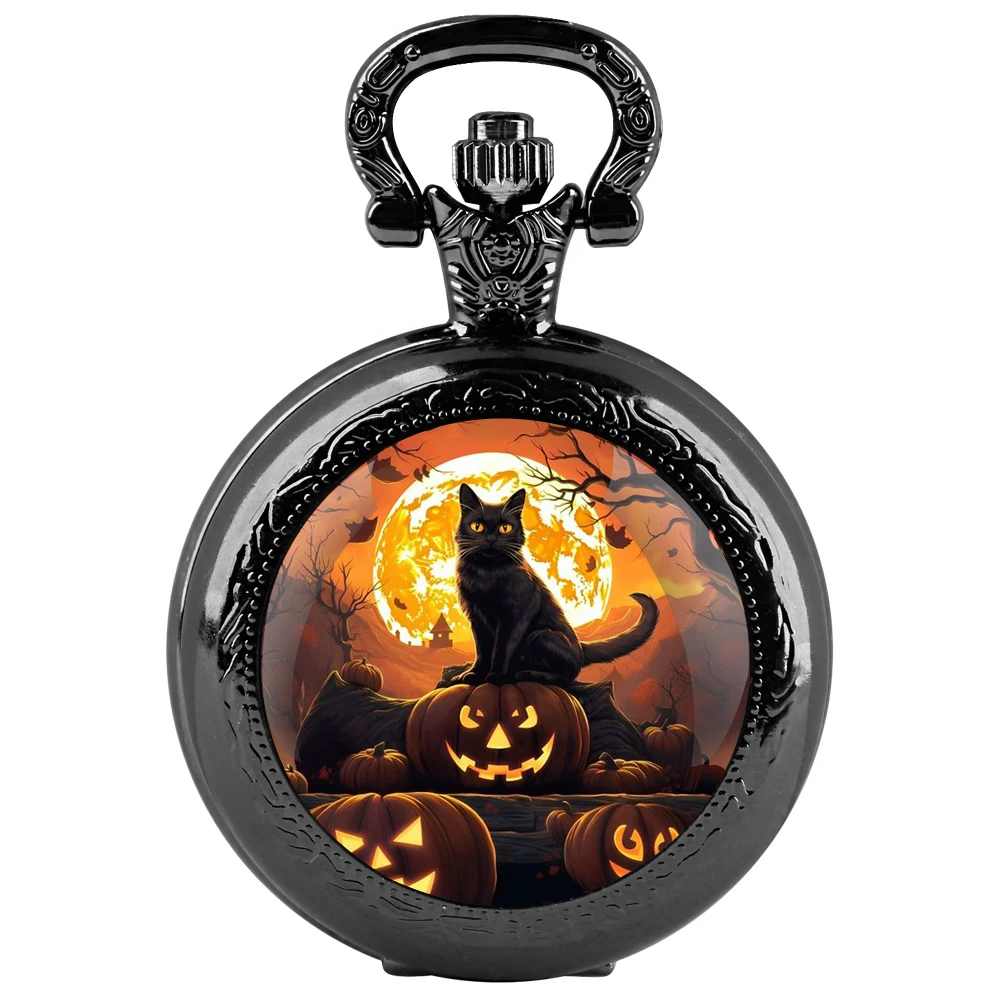 Halloween gato preto cúpula de vidro relógio de bolso de quartzo preto com mostrador de algarismos árabes e corrente durável presente retrô para homens e mulheres
