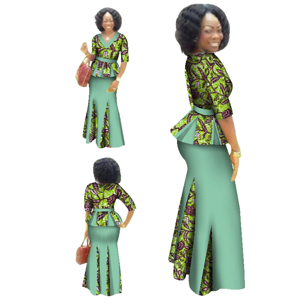 Traditional African Clothing 2 Piece Set Women Clothes Half Sleeve Maxi Dress Dashiki African Print Skirt free Scarf 6XL WY1435