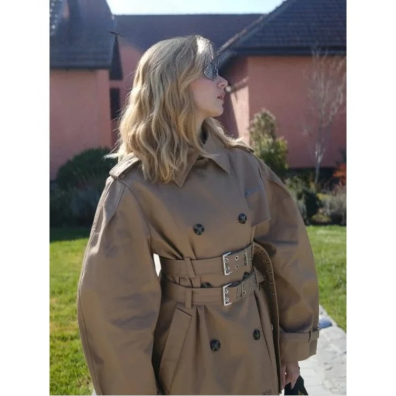 

Elegant Double Belt Women Windbreaker Casual Khaki Long Sleeve Lapel Button Female Jacket 2026 Autumn Winter Lady Streetwear New