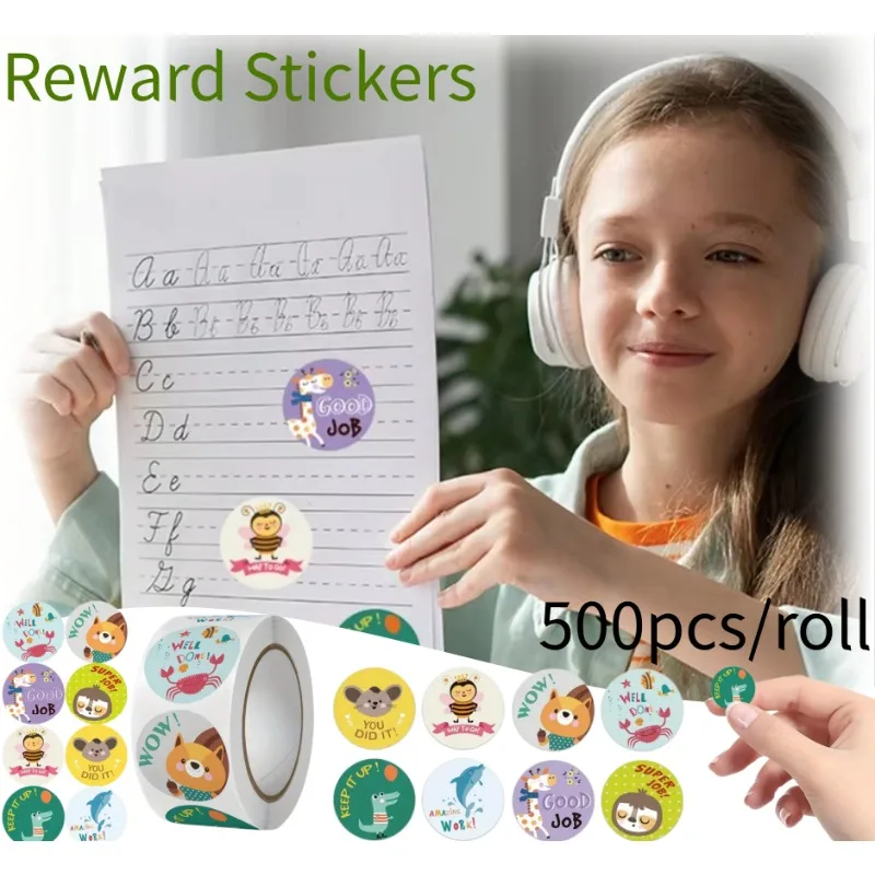 500pcs/roll Cartoon Animals Reward Sticker Self-adhesive Teacher Reward Students Stickers DIY Cute Gift Sealing Label Decoration