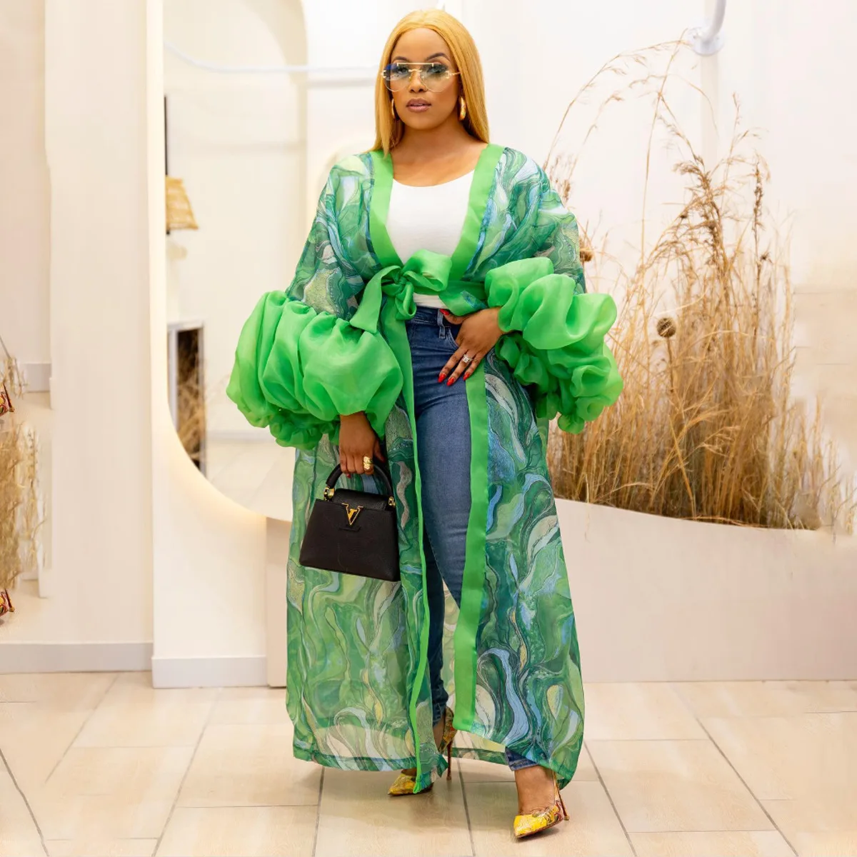 Women Printed Long Cardigan Sheer Organza Puffy Bubble Sleeve Open Front Maxi Robe With Waist Tie Beach Cover Up Outerwear