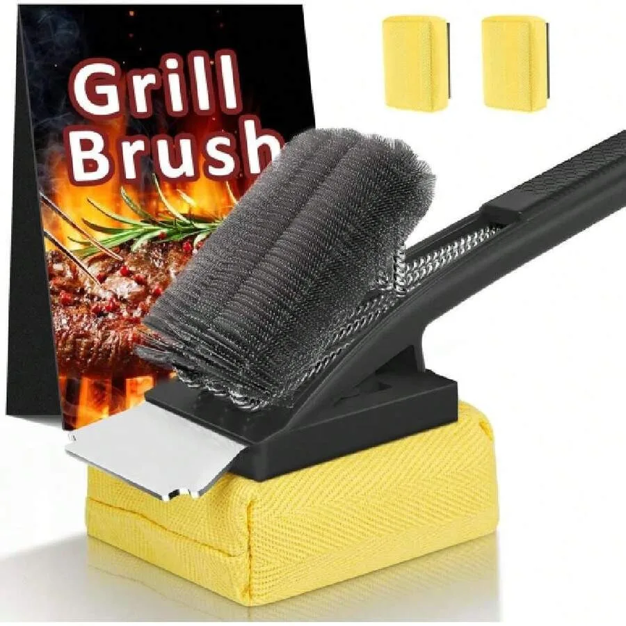 

【New style】BBQ Grill Brush With Scraper-Removable BBQ Clearning Brush Head With Wire Bristles Brush and 2 Steam Brush-Black Gri