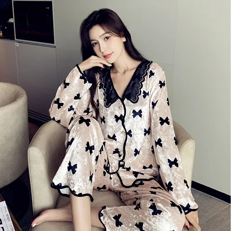 Gold Velvet Pajamas for Women Long-sleeved Sweet Women\'s Pajamas Set Autumn and Winter Bow Home Wear Clothes Nightwear Sleepwear