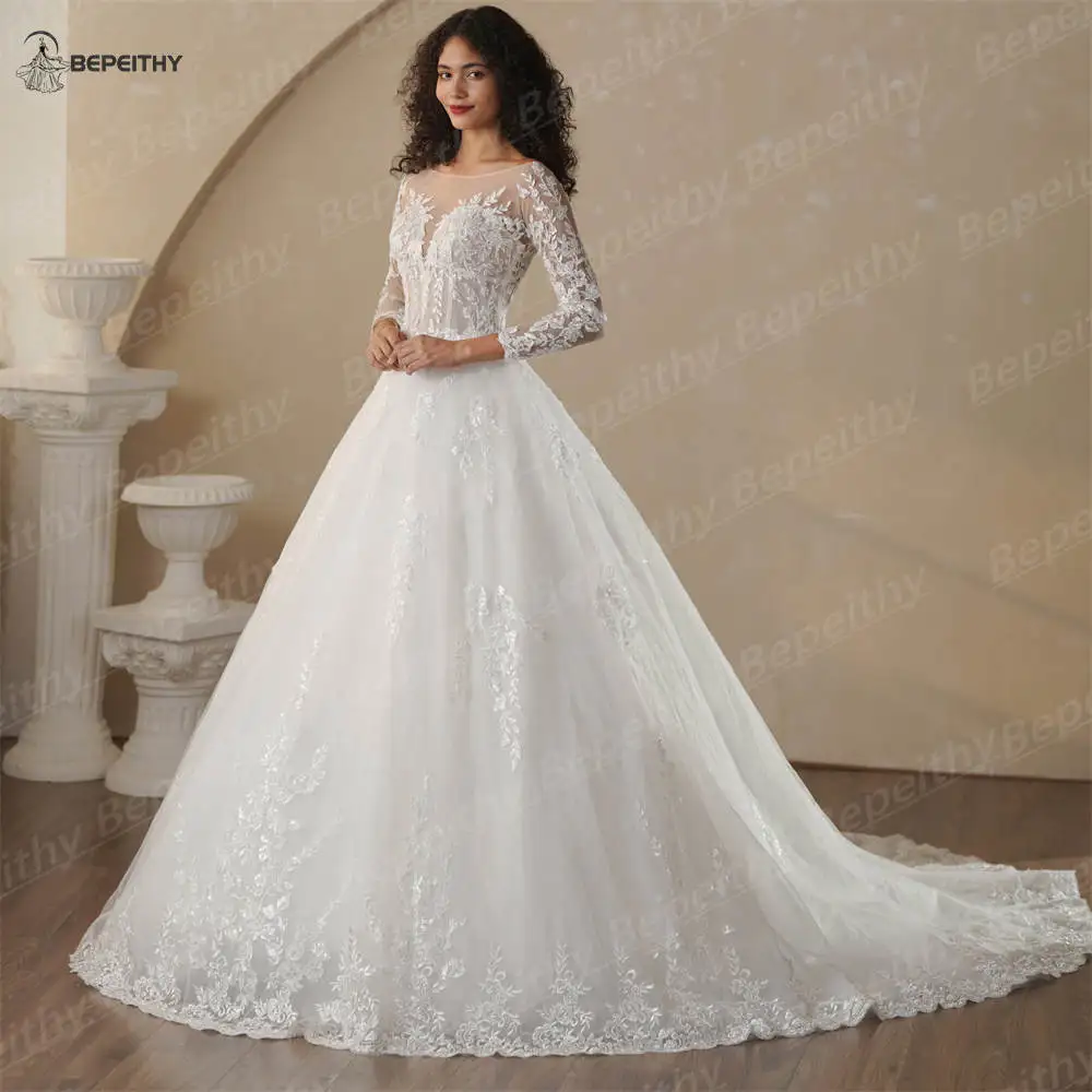 BEPEITHY Customized Scoop A-Line Boho Wedding Dresses With Full Sleeves Vintage Bride Ivory Bridal Gown 2025 Low Back Vestidos image 4